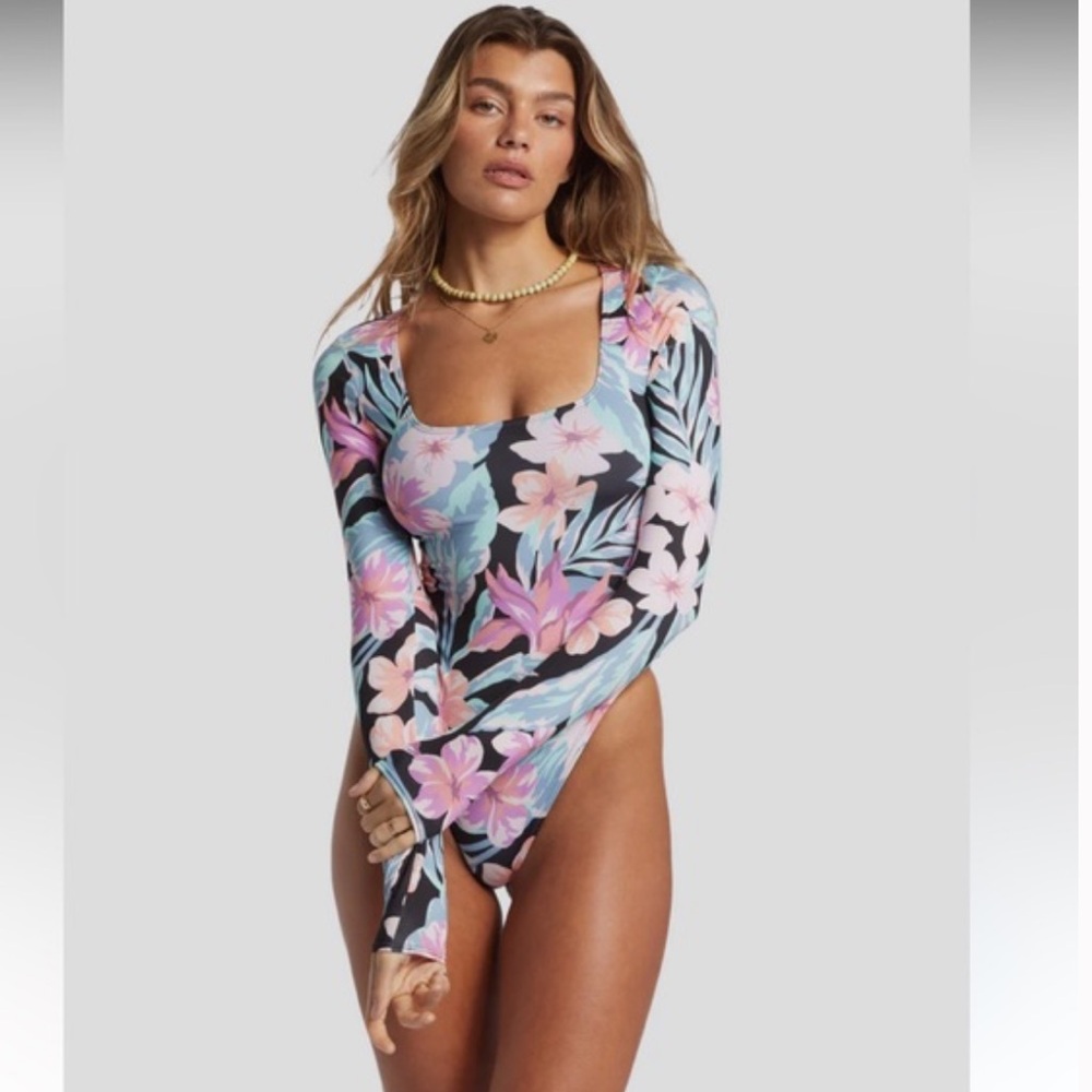 Billabong Black Floral Long Sleeve One-Piece Swimsuit